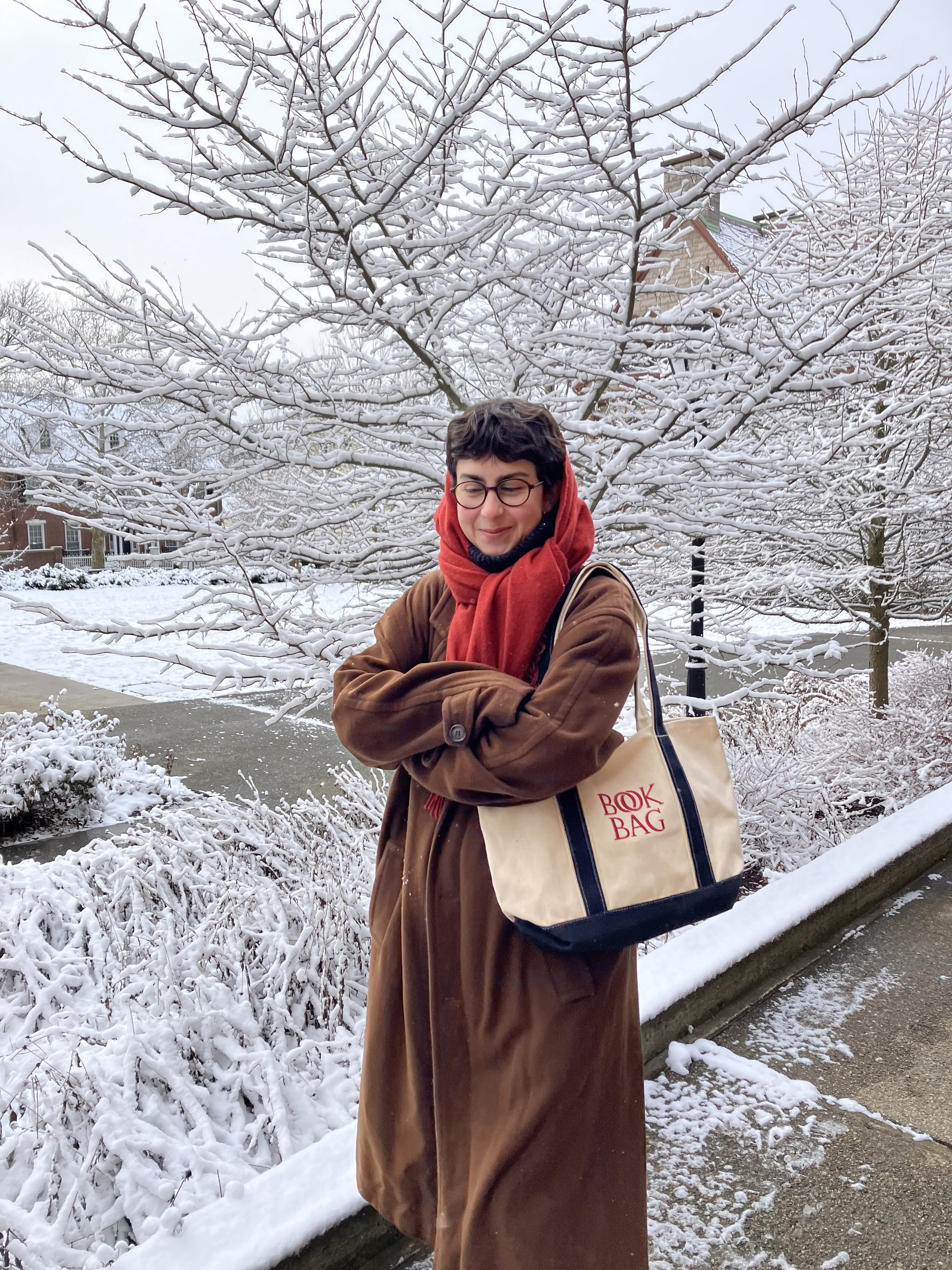 a picture of me in the snow somewhere on brown campus